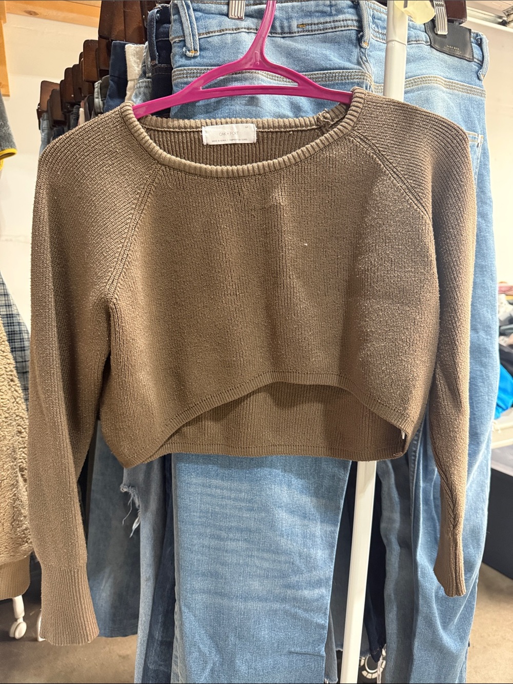 OAK + FORT Cropped Knit Long-Sleeve Top in Brown
